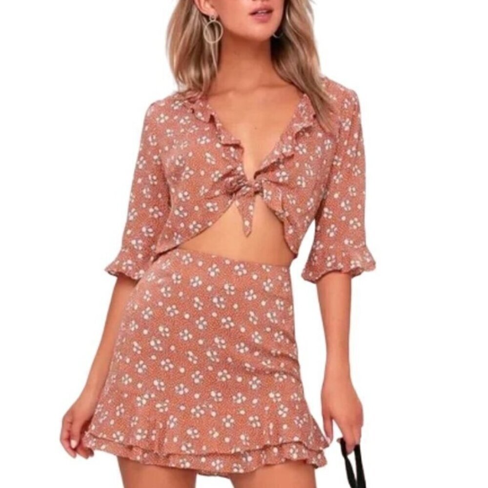 Lulu's Women's Terracotta Floral Print mini skirt and ruffled front tie top set